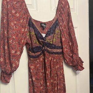 Angie Rust and cream Floral Long Sleeve Dress Boho style